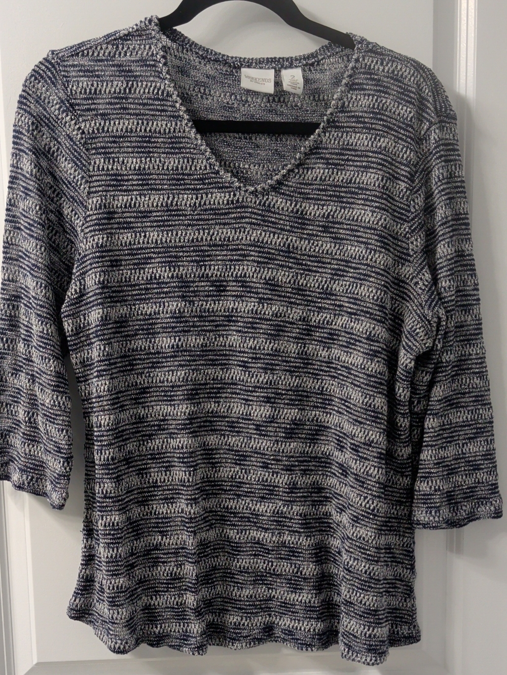 Sheer Striped V-Neck Women's Sweater - Navy & White